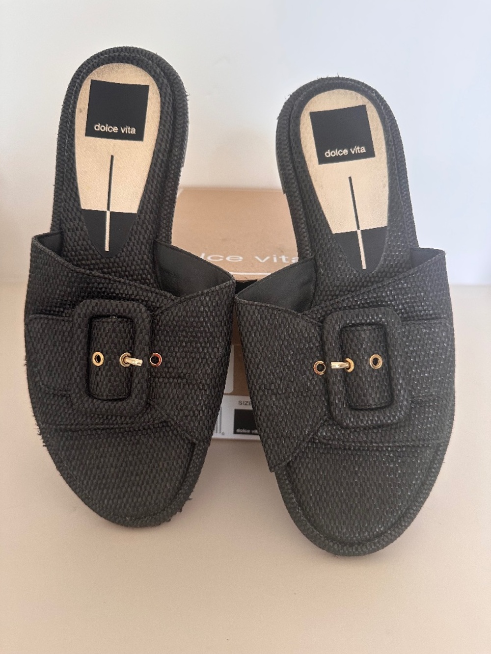 Dolce Vita Slide Sandals Women's Black Woven Raffia Buckle Strap Flat Shoes